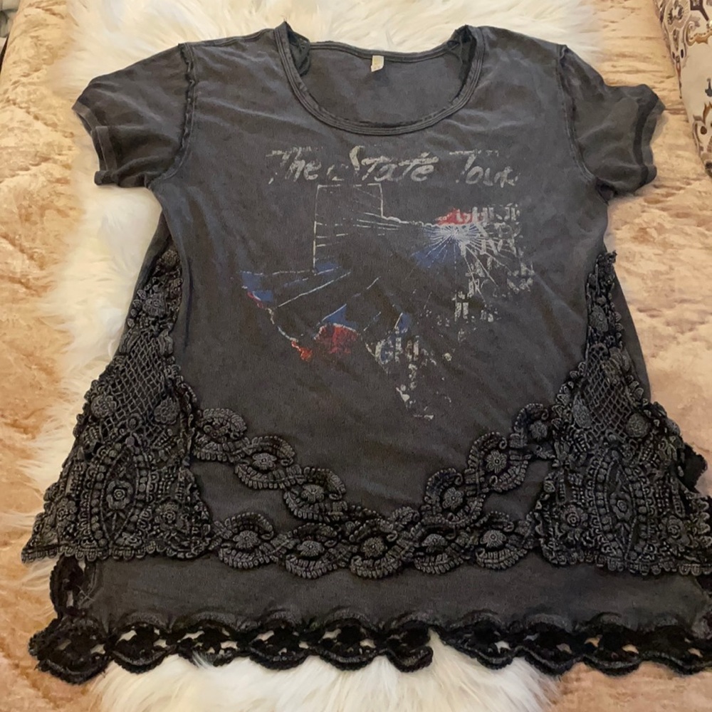 Free People Washed Charcoal Graphic Tee with Black Lace Trim